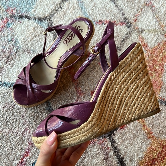 GUCCI Microguccissima GG Purple Patent Leather Espadrille Wedges - 37 - Picture 1 of 12